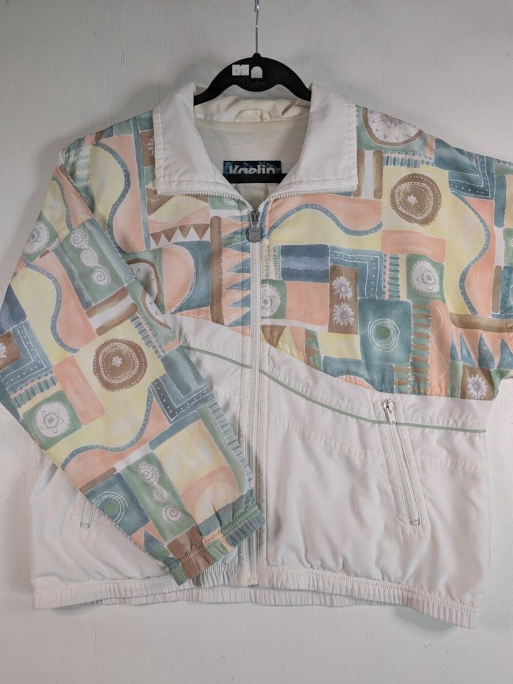 Vintage 90s Windbreaker Kaelin Abstract Print Jacket Womens Cream Colorblock Zip